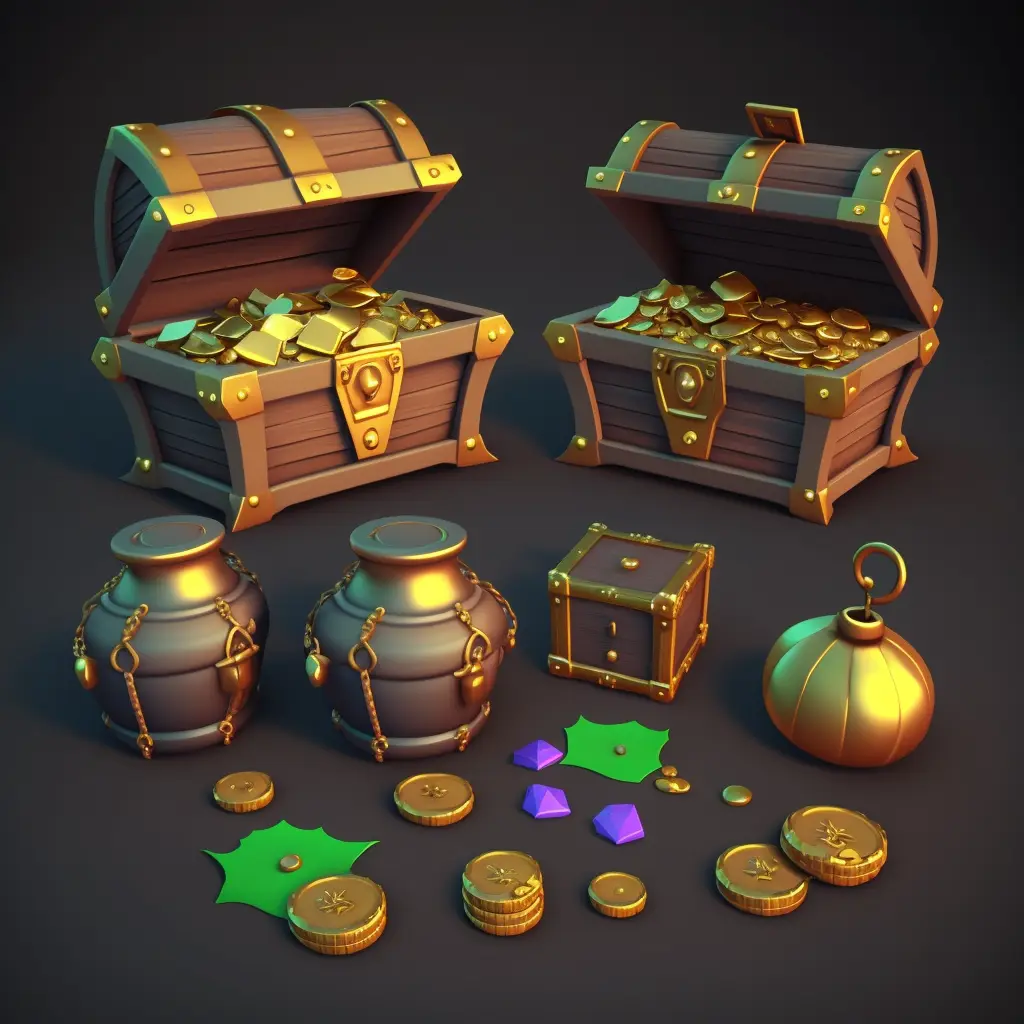 sheet of shiny treasure chests with gold coins, clay, render, game icons, game asset, blender, oily, shiny, bevel, smooth rendering, hearthstone style